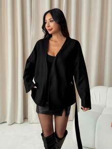 SHEIN PETITE 系带大衣，秋冬简约时尚休闲日常 - 黑色 - 查看 8