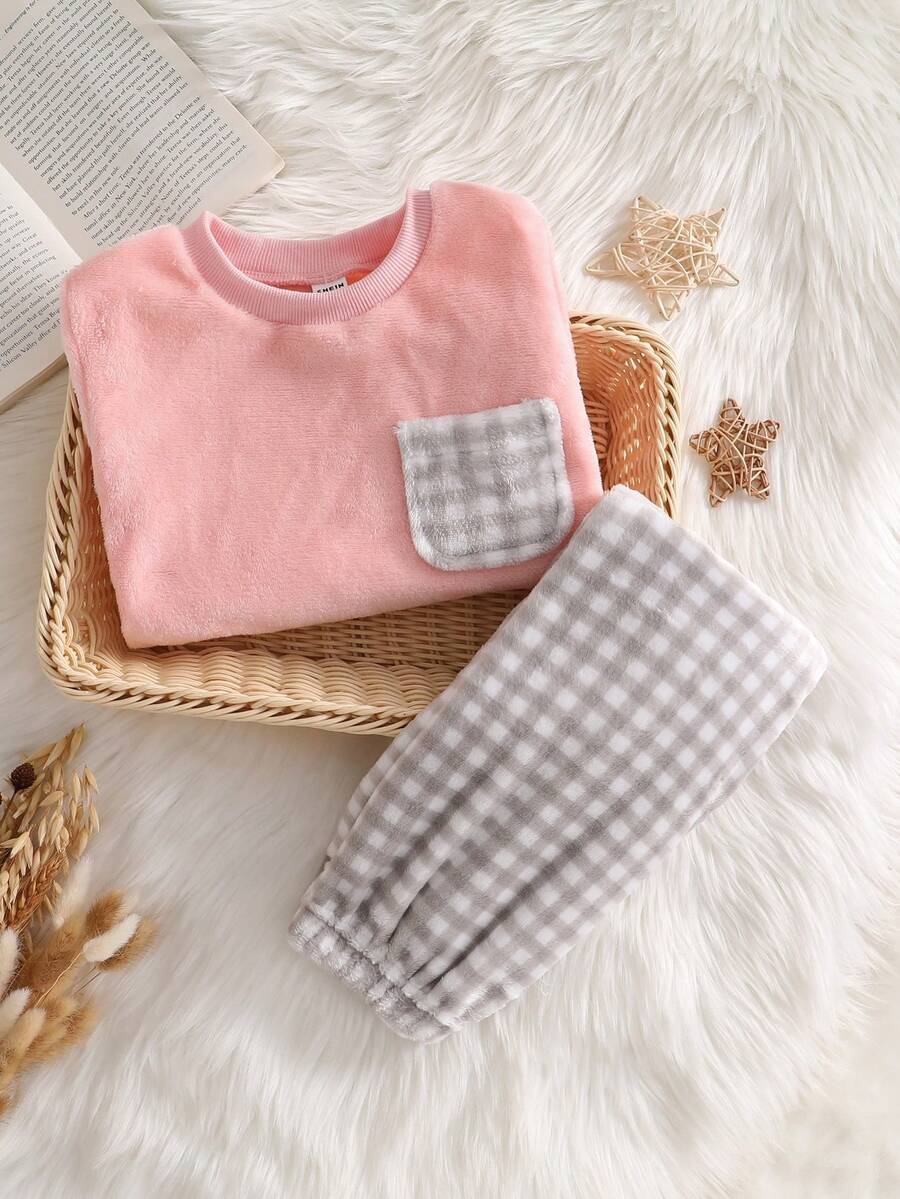 SHEIN 2pcs Girls Plush Plaid Long Sleeve Top And Pants Casual Comfortable Soft Pajama Set Girls Lounge Set Kids Pajama Set Girls Comfy Set Sleep Wear Set Pajamas Set Two Piece - Light Grey - View 1