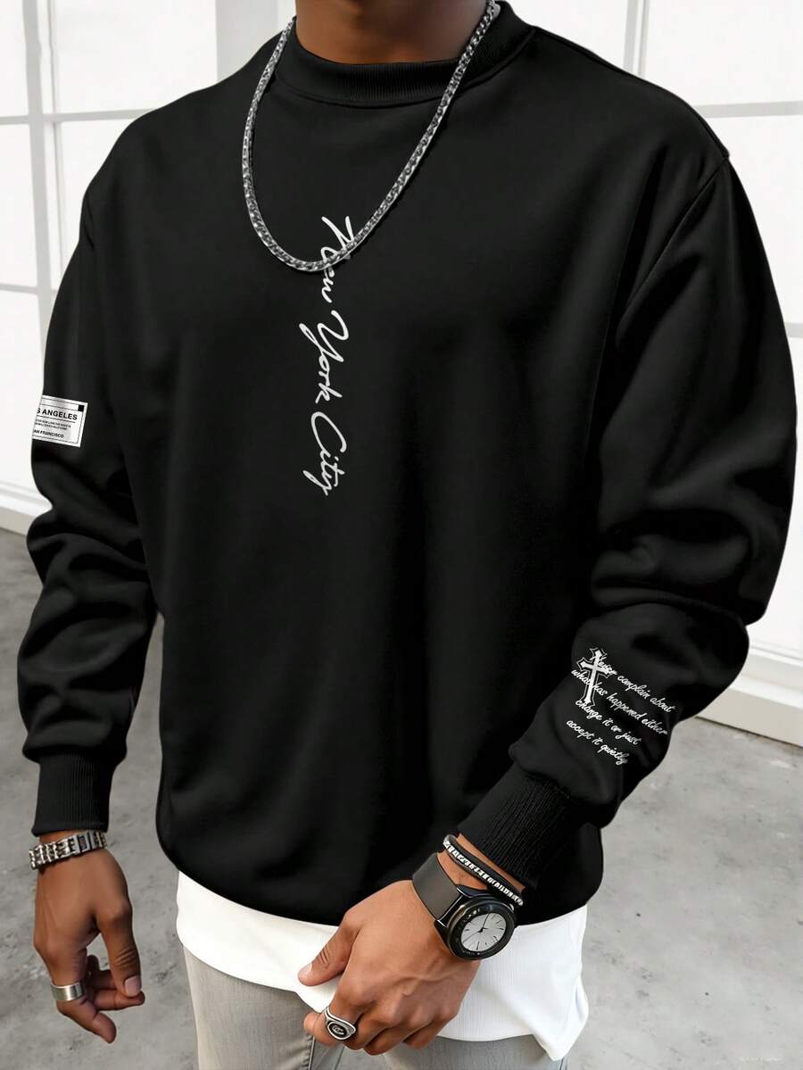 Manfinity EMRG Áo nỉ dài tay cổ tròn in họa tiết thường ngày cỡ lớn dành cho nam - màu đen - Xem 1