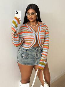 Maweii Women's Retro Street Design Gorgeous Brushed Fabric Sexy Straight Shoulder Long Sleeve Lapel Ripped Color Stripes Metal Buckle Slim Short Plus Size Cardigan, Spring Fall Winter - Multicolor - View 1