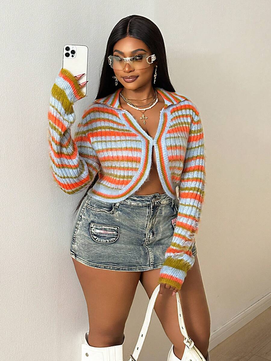 Maweii Women's Retro Street Design Gorgeous Brushed Fabric Sexy Straight Shoulder Long Sleeve Lapel Ripped Color Stripes Metal Buckle Slim Short Plus Size Cardigan, Spring Fall Winter - Multicolor - View 1