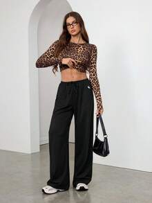 SHEIN Tall Soft White Knitted Home Baggy Pants, Loose Pants Comfy Pants Black Pants, Tall Women - Black - View 5