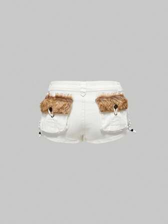 Grunge Punk Pantaloncini di jeans a vita super bassa stile Harajuku Gyaru Gal, con patchwork e pelliccia, mini super bassa