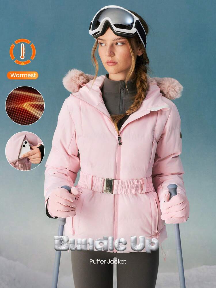 Skiing Collection Slope Side Breathable Water-Repellant Thick Durable Detachable Faux Fur Trim Hood Zippers Pockets Relaxed Fit Belted Puffer Jacket Autumn Winter Outdoors Skiing Wear