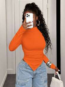 BamGleam Solid Color Stand Collar Asymmetric Hem T-Shirt Fall Cloth For Women