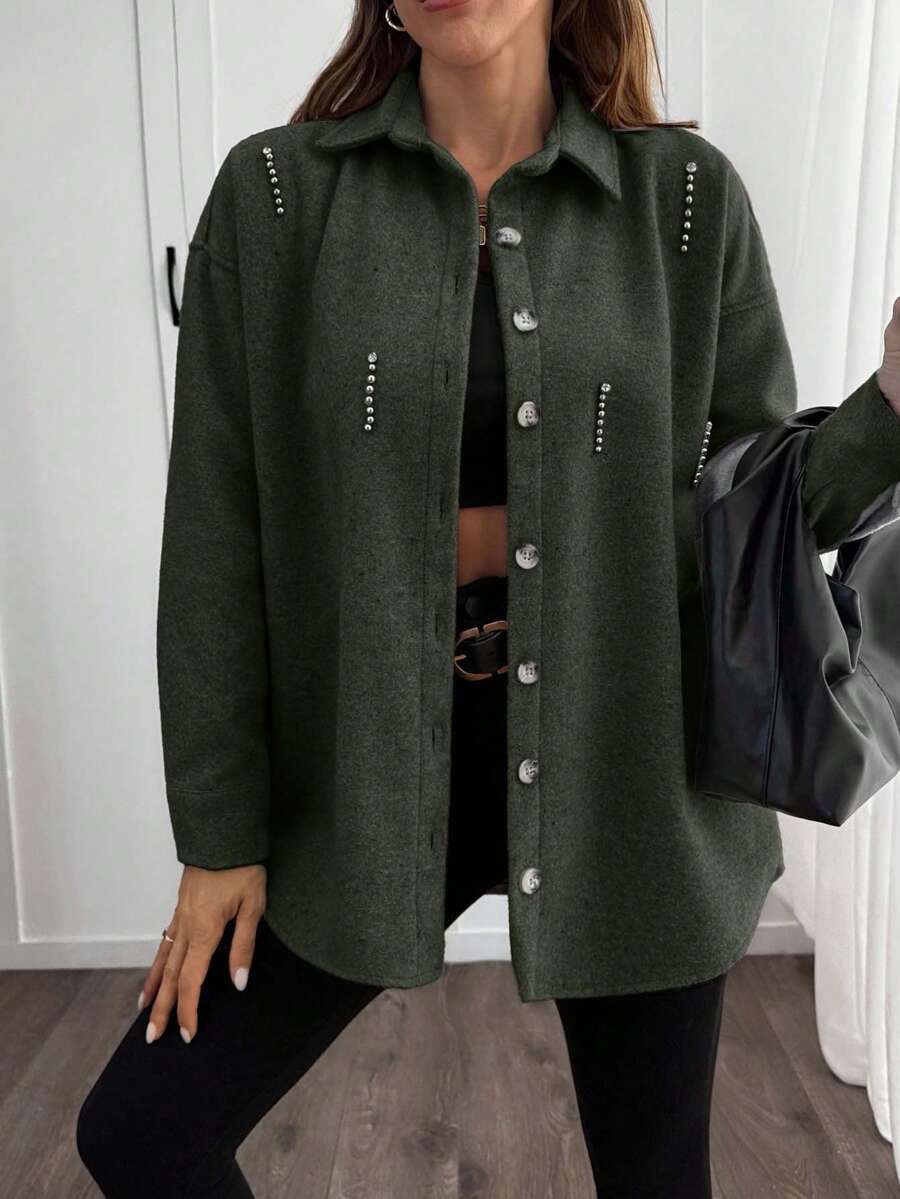 EURMUSE Solid Color , Rhinestone Details, Over Shirt Jacket - Army Green - View 1