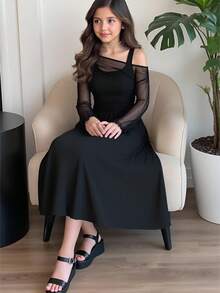 少女优雅修身黑色网眼拼布不对称肩部喇叭袖褶饰连衣裙，女童黑色派对礼服，圣诞礼服，新年礼服，舞会礼服