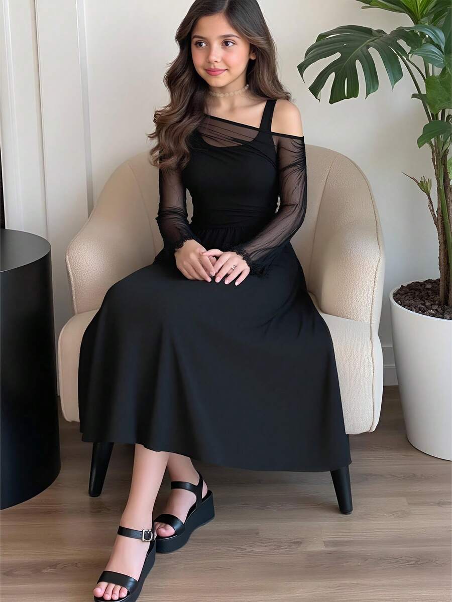 少女优雅修身黑色网眼拼布不对称肩部喇叭袖褶饰连衣裙，女童黑色派对礼服，圣诞礼服，新年礼服，舞会礼服