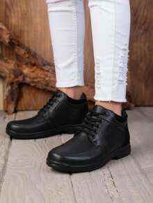 Bota para hombre cuero genuino punta redonda cordones suela antideslizante estilo casual urbano oficina botín resistente - Negro - Ver 1