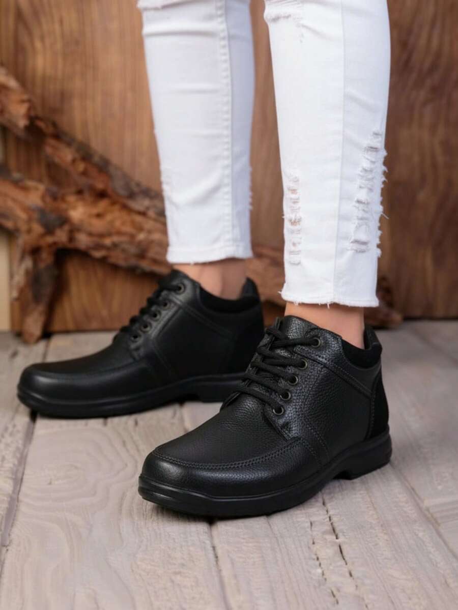 Bota para hombre cuero genuino punta redonda cordones suela antideslizante estilo casual urbano oficina botín resistente - Negro - Ver 1