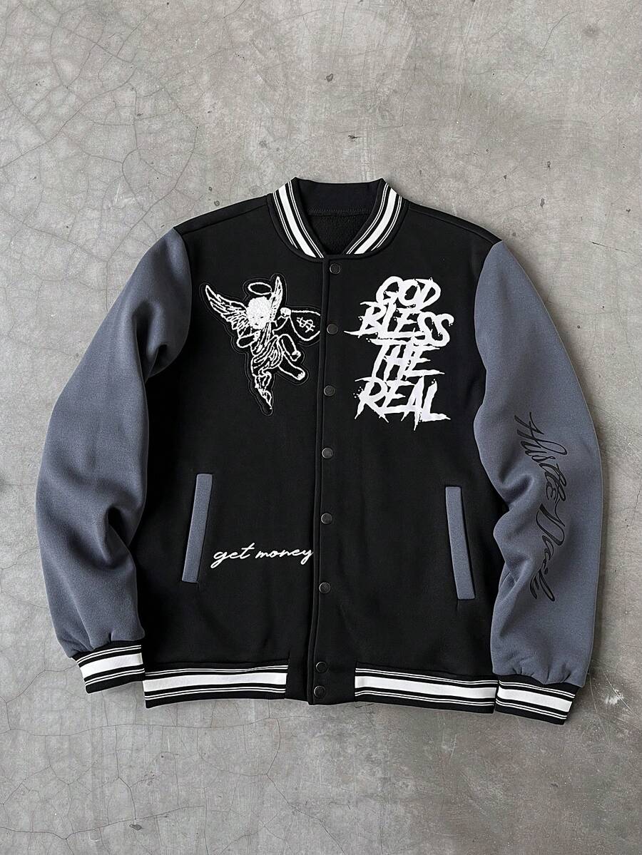 Aesthetic Post Herren Lässige Kontrast Farbblock Baseball Jacke mit Langarm, Herbst/Winter Grafik Jacken Coole Jacke Collegejacke - Dunkelgrau - Übersicht 1