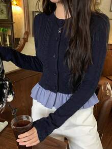 DAZY Women's Contrast Color Patchwork Casual Cardigan - Navy Blue - View 6