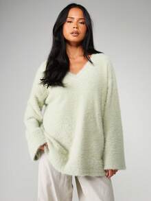 MISSGUIDED Oversized V Neck Fuzzy Knit Sweater For Winter Fall Cozy Casual Pullover Jumper - Mint Green - View 1