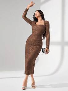 Modelyn Square Neck Lace Long Sleeve Fitted Midi Dress For Women - Brown - View 5