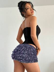 Aloruh 女士时尚蕾丝边蝴蝶结豹纹印花网眼多层荷叶边下摆超短裤，适合音乐节、春夏季 - 紫色 - 查看 2