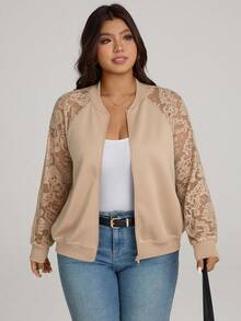 Comfylo 大码女式时尚蕾丝拼接长袖外套蕾丝开衫罩衫女式外套蕾丝夹克飞行员夹克 - 卡其色 - 查看 5