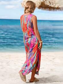 Sylviya Summer Women's V-Neck Asymmetrical Hem Side Split Face Printed Casual Vacation Sleeveless Dress With Pockets,Festival Outfits 4th Of July Dress Fall Dresses Summer Dress Midi,Summer Dresses For Women