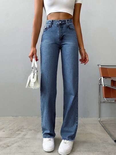 SHEIN Tall 100%Cotton Tall High Waist Straight Fit Jeans Wide Leg Oversized Jeans Loose Jeans Women Jeans High Waist