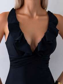 Swim Basics Đồ bơi một mảnh cổ chữ V xếp nếp màu trơn thoải mái, co giãn cao, thường ngày đi biển cho nữ mùa hè - màu đen - Xem 5