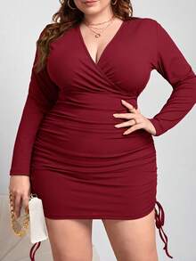 SHEIN Privé Plus Size Women Solid Color Wrap Around Long Sleeve Fitted Dress Bodycon Plus Size Dress Plus Size Club Dress Burgundy Plus Size Dress Ruched Plus Size Dress Plus Size Sexy Dress Plus Size Bodycon Dress Plus Size Ruched Dress/Winter - Burgundy - View 5