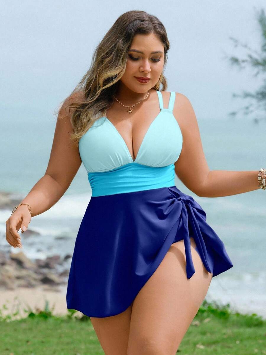 Swim Lushoire 加大码泳衣两件套，拼色，交叉肩带 - 藍色 - 查看 1