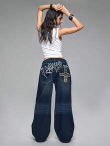 ROMWE Grunge Punk Spring Casual Y2K Chic Letter & Cross Embroidered Distressed Loose Fit Super Low Waist Wide Leg Women Jeans - Blue - View 5