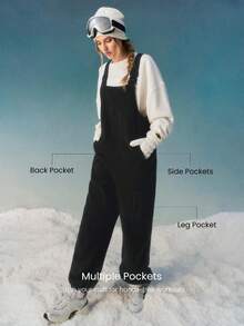 GLOWMODE Skiing Collection Cloud Fleece Ice Breaker Cozy Plush Side Pockets Adjustable Straps Drawstring Hem Ski Snow Bib Overall Pants Autumn Winter Outdoors Skiing Snowboarding - 黑色 - 查看 5
