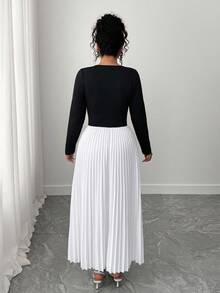 Elenzga Plus Size Women's Beaded Round Neck Long Sleeve Pleated Contrast Color Dress Fall Cloth For Women - Black and White - View 2