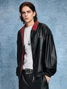 ROMWE MEN Street Life Men's Long Sleeve Casual Fashion Street Collegiate Style Letter Embroidery Plaid Patchwork Lapel Zip-Up PU Leather Jacket, Autumn - Black - View 3