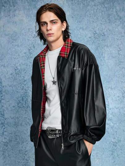 Street Life Men's Casual Fashion Street Collegiate Style Letter Embroidery Plaid Patchwork Lapel Zip-Up PU Leather Jacket, Autumn