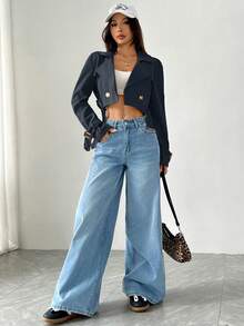 SHEIN EZwear 女式海军蓝色缺口翻领纽扣前长袖短款风衣（秋冬款） - 寶藍色 - 查看 3