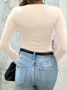 INAWLY Solid Color Round Neck Slim Fit Casual Bodysuit - Apricot - View 2