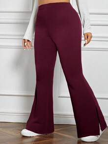 SHEIN PETITE CURVE Plus Petite 女式开叉喇叭裤 - 棕色 - 查看 5