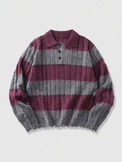 Prep Men's Casual Colorblock Striped Cable Knit Turtleneck Sweater, Autumn/Winter