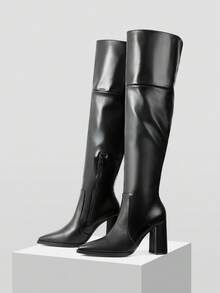 Mnmlis Vintage Western Style Black Leather Metal Zipper Tall Boots