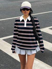 Muchica Áo thun dài tay dáng rộng cổ bẻ kẻ sọc xanh navy và đỏ/trắng, đơn giản, tối giản, thoải mái cho mùa thu/đông, đa năng, phù hợp mặc hàng ngày, dành cho nữ - Nhiều màu - Xem 4