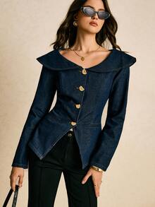Poéselle Women's Fashion Front Button Denim Blouse Women Denim Tops Jackets For Women Casual Western Tops For Women Women Blazer Jacket Suit Jacket For Women Women Denim Jacket Denim Jackets For Women - Dark Wash - View 5