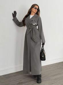 SHEIN Tall Impermeabile lungo e monocolore a doppio petto con maniche lunghe, adatto per l'autunno/inverno - Grigio - Visualizzare 9