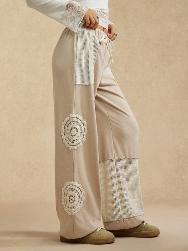 Easelle Pantalones de chándal casuales de mujer con cintura con cordón y bolsillos, de punto de retazos