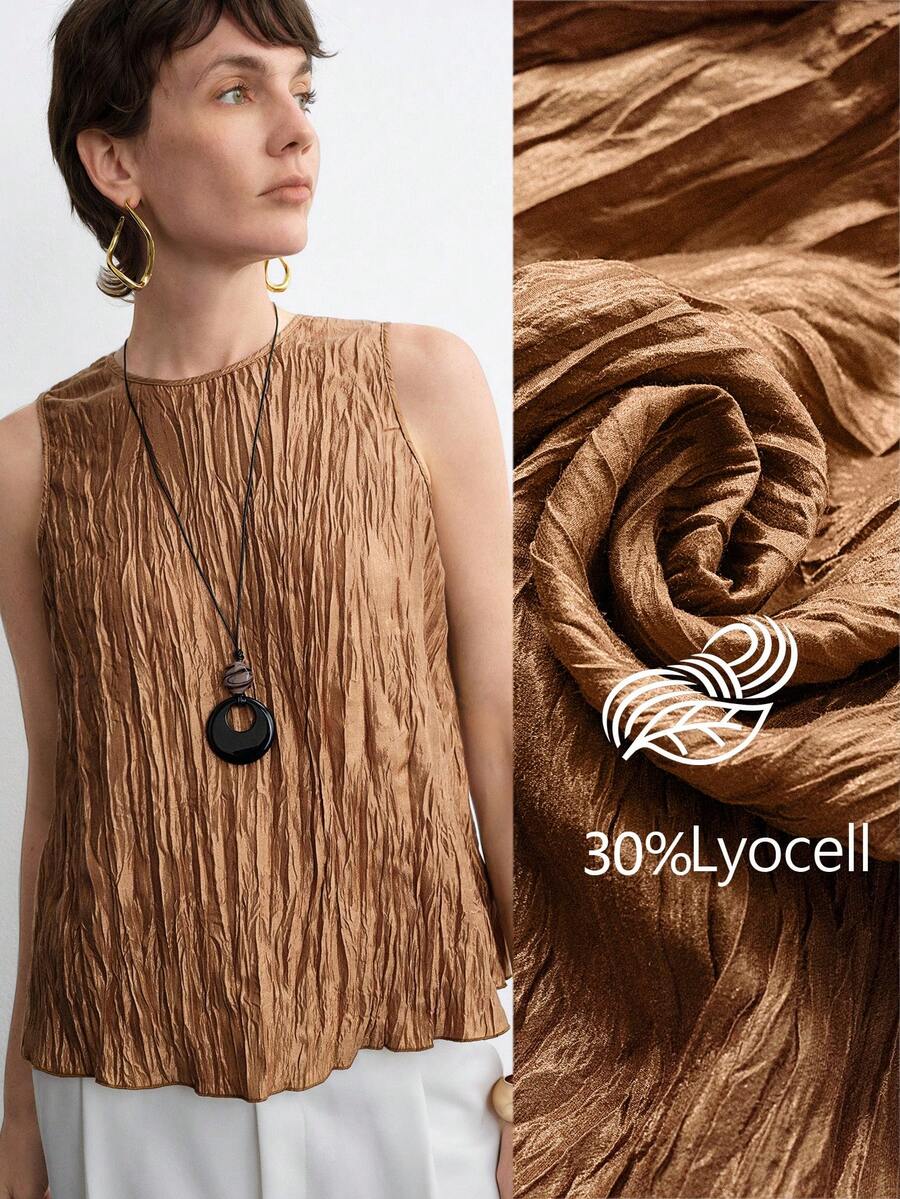 Aalyst Women's Elegant Fashion Casual Commute Comfortable Charming Vintage Minimalist High-End Holiday Sleeveless Round Neck A-Line Loose Solid Textured Design Shirt