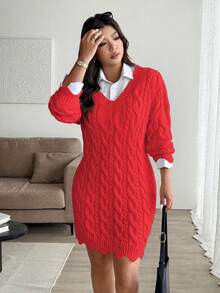 Vionelle Plus Size V-Neck Wavy Hem Drawstring Cable Knit Pattern Long Sleeve Sweater Dress, Solid Color, Casual & Fashionable For Autumn/Winter - Red - View 7