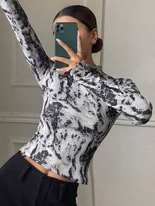 DAZY 女式扎染修身立领长袖T恤 - 黑與白 - 查看 3