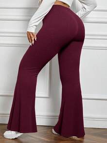 SHEIN PETITE CURVE Plus Petite 女式开叉喇叭裤 - 棕色 - 查看 2