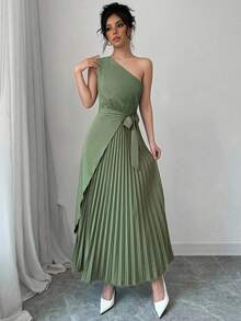 Firerie Women's Sage Green Oblique Collar Sleeveless Cinched Waist Pleated Hem Dress,Elegant Summer Wedding Guest Office Lady Dress, Boho Wedding Season - Green - View 6