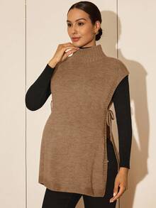 MaterniWear Fall, Maternity Autumn/Winter Solid Color Minimalist Everyday Turtleneck Sweater Vest - Khaki - View 3