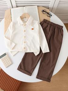 SHEIN Vintaside Kids 2 件套男童罗纹针织长袖衬衫和罗纹梭织休闲裤套装，春秋 - 咖啡棕 - 查看 3