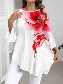 EMERY ROSE 母亲节休闲简约红色大码不对称花卉七分袖全身印花大码衬衫，春夏假期