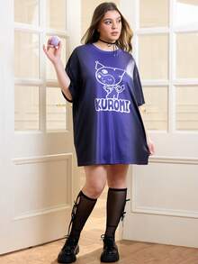 HELLO KITTY AND FRIENDS | SHEIN Plus Size Women Summer Casual Commuting Cute Cartoon Letter Graphic Ombre Loose Drop Shoulder T-Shirt - Multicolor - View 4