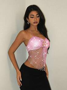EgrlEra Women's Rhinestone Fishnet Sexy Top, Suitable For Holiday Parties And Carnivals - Baby Pink - View 3