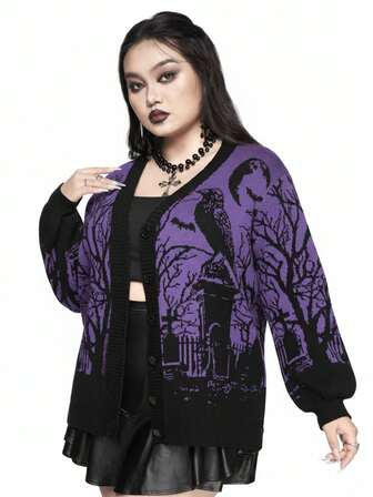 Goth Cardigan color block con vestibilità ampia e stampa gotica horror con corvo, pipistrello, luna, cimitero, ramo d'albero e pianta, taglie forti